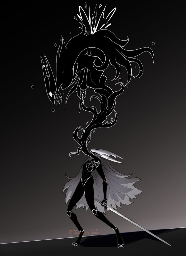 a digital illustration of the pure vessel from hollow knight. it stands leaning back, with their nail (sword) on their right hand, as their shade errupt from the scar left by their previously severed left arm. their shade sprawls out void tentacles and particles,is seen stabbing itself on the stomach, and protuding insect-like mandibles out, as if screaming in pain.