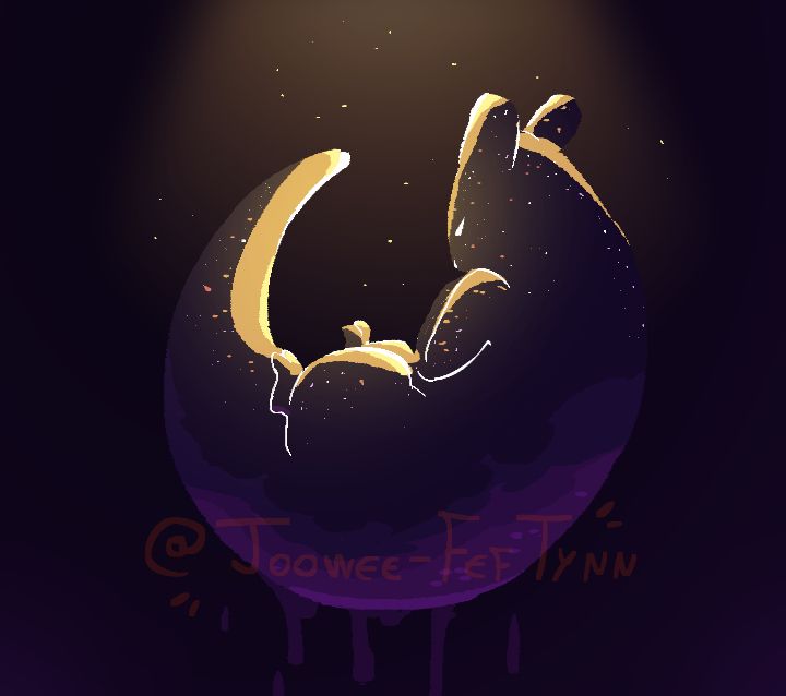 a digital illustration of the Watcher slugcat from Rain world. they are seen curled up in a dark void, with a faint golden light shining from above and making their fur glisten like a starry night sky, as well as a purple light from below. there is a purple liquid dripping from their back, referencing the rot.