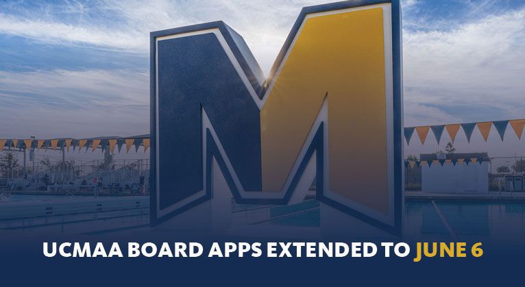 UCMAA Board Apps extended to June 6. Image includes a "Big M" structure in front of a pool.