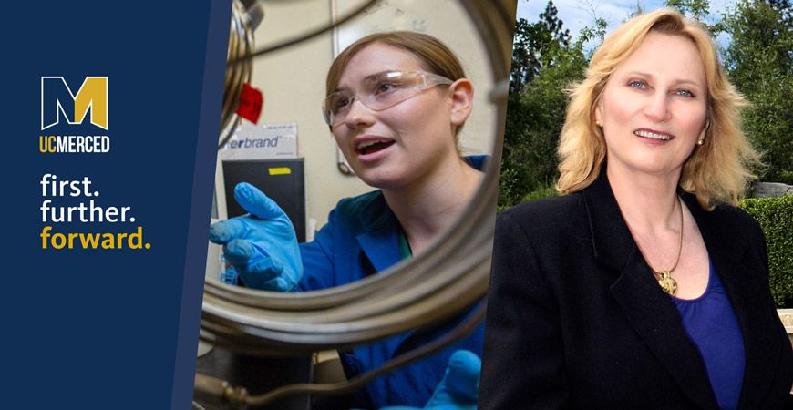 Alumna Laura Showalter pictured in a lab doing research and Jane Binger pictured smiling at the camera.