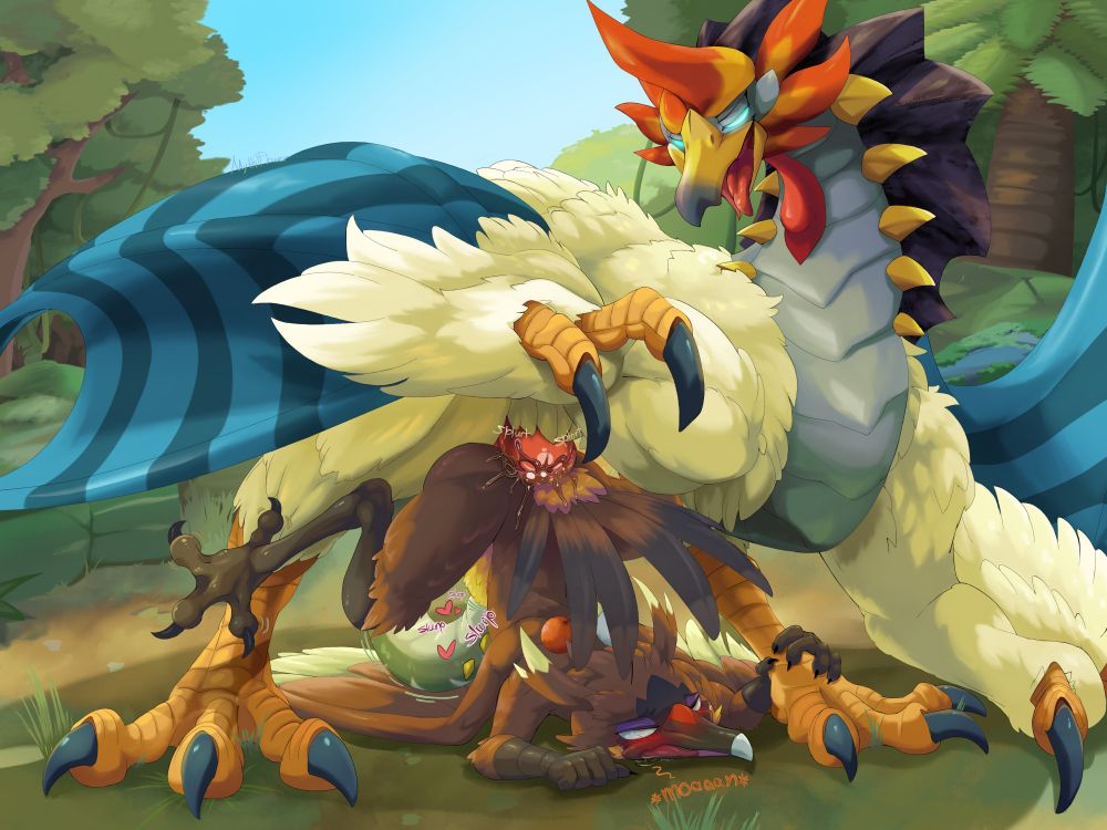 Bird-monster named the Kokasados (from Metaphor: ReFantazio) anally penetrating a smaller anthro bird (OC of mine named "Tukk") while using his serpentine tail to suck him off.

The bird-monster's size visually bulges Tukk's abdomen, making him moan from simultaneous anal and oral stimulation. Toes splay and twitch while arching his back, holding onto the Kokasado's left foot to maintain his own position.

Tukk's ass makes wet slapping sounds as anal fluids bubble and leak down his cheeks, all the while a serpentine tail slurps at his concealed crotch.