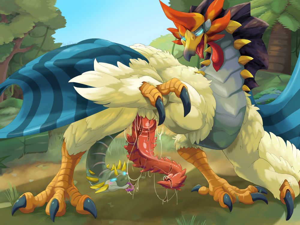 Bird-monster named the Kokasados (from Metaphor: ReFantazio) spreading its legs wide, showing off a huge barbed prehensile penis hanging and dripping pre from the crotch.

A serpentine tail bends below to catch some of the oozing genital fluids with its forked tongue, the bird exhaling with his tongue out.