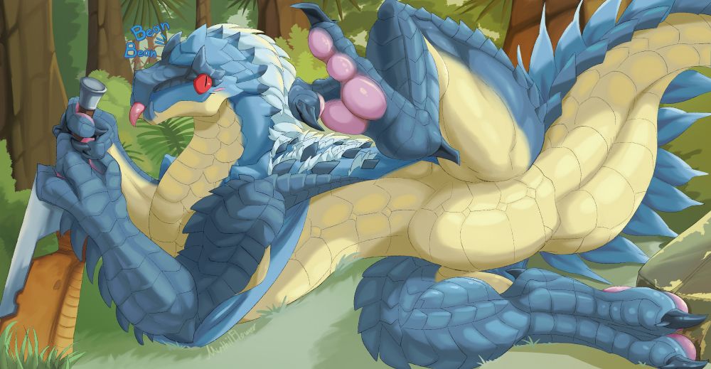 A Tobi-Kadachi with a blep, lying on its side; It raises one leg with a curling toe, showing off its pink pawpads to the viewer.

The background is jungle-like, with towering trees, bushes, and various plants all around. The Tobi leans on a sword that has been thrust into the ground, also resting a foot on a boulder at the opposite side.