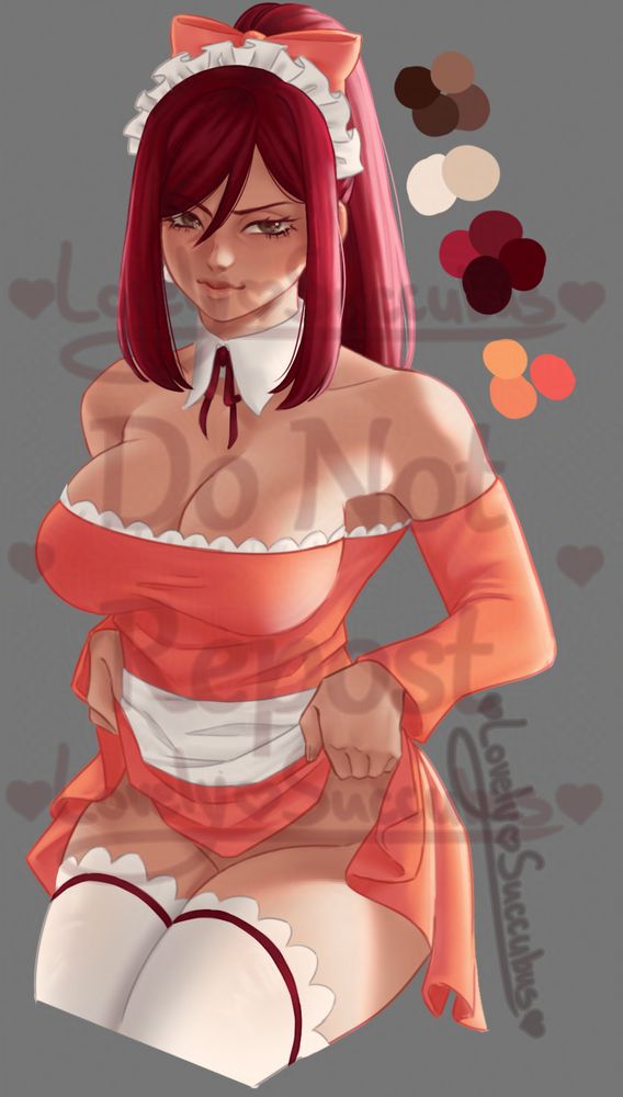 Digital painting of Erza Scarlet in orange maid dress lifting skirt slightly.