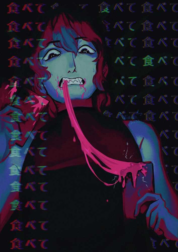 finished digital illustration of a random person with sharp teeth pulling some sort of gooey or meat-like substance from a bite taken out of a phone they hold. the phones bite mark sparks and they hold two more phones in their other hand. the whole illustration is done in abstract, dark neon colors, the meat substance is a bright pink that stands out. overlayed and behind the person is the japanese phrase “食べて”  meaning “to eat/we eat” and the text is repeated over and over 
