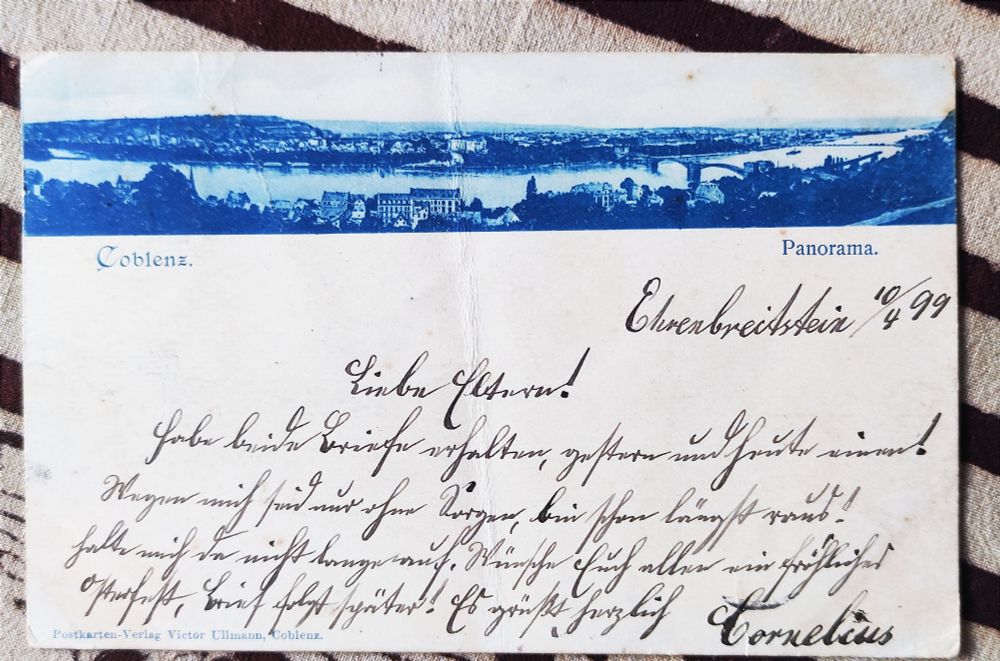 stadtansicht Koblenz oben als kleiner Streifen, unten Text in Süttelin Handschrift