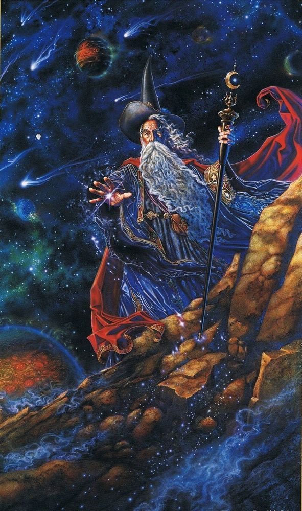 a wizard in deep blue, gold, and red with a crescent moon staff stands behind a rocky outcropping amidst a cosmic background