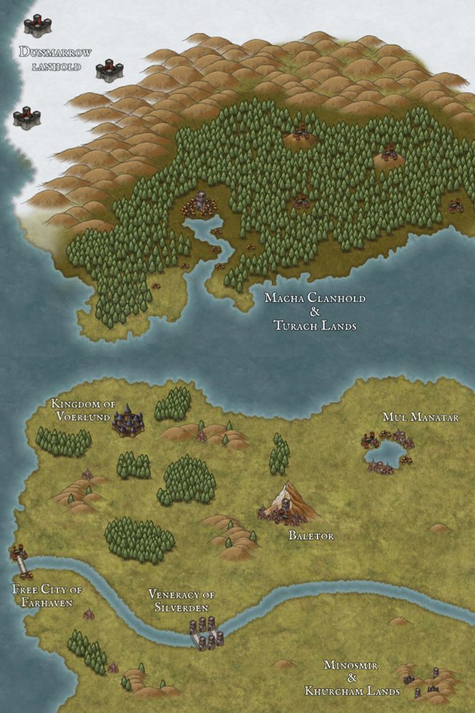 map of my fantasy setting, two large landmasses separated by a long sea, the north half is covered in vast woodland, mountains, and a snowy region, the southern half if green, open, dotted with woodlands, a single vast mountain, and hills, and a river