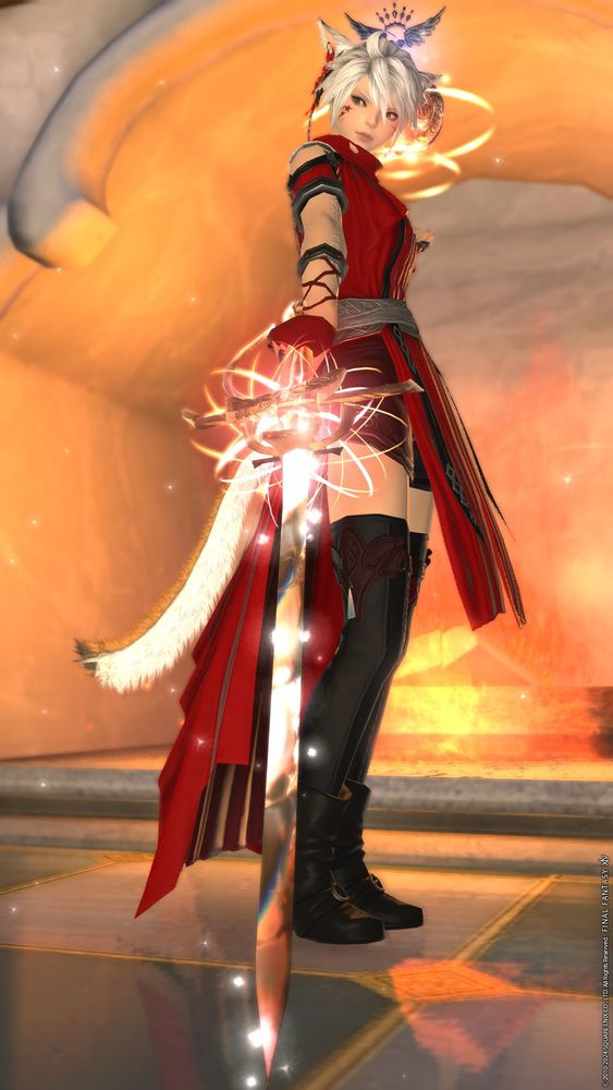 a final fantasy 14 screenshot of a white-haired miqo'te in a red outfit, pointing a glowing rapier at the viewer.