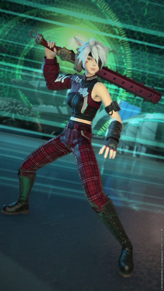 a final fantasy 14 screenshot of a miqo'te gunbreaker in single sleeve cropped jackets, resting a spiked club on her shoulder.