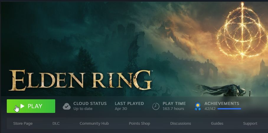 the elden ring steam menu, with a cursor hovering over the play button.