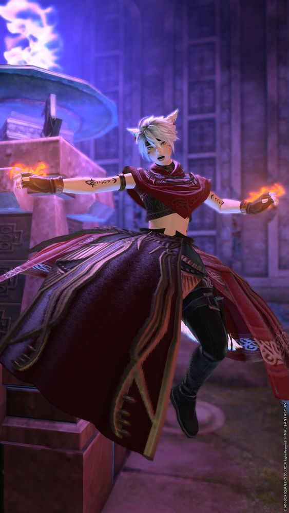 a final fantasy 14 screenshot of a white-haired miqo'te in red robes spinning mid kick. there are glowing glyphs on the back of her hands.