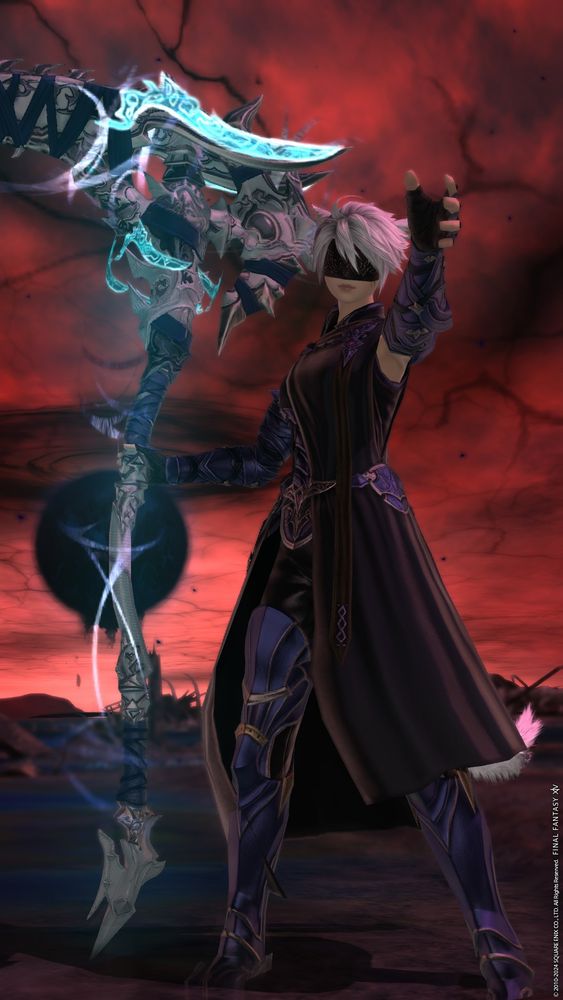 a final fantasy 14 screenshot of a white-haired miqo'te holding a giant, glowing scythe under a red sky.
