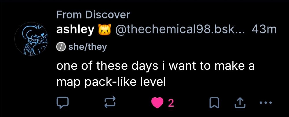 screenshot of a Bluesky post from user @thechemical98.bsky.com that reads as follows: "one of these days i want to make a map pack-like level"
The post is labeled as "From Discover"