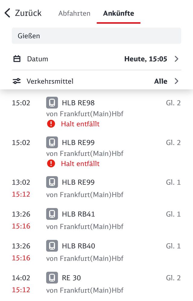Auszug aus der DB-App zu Gießen