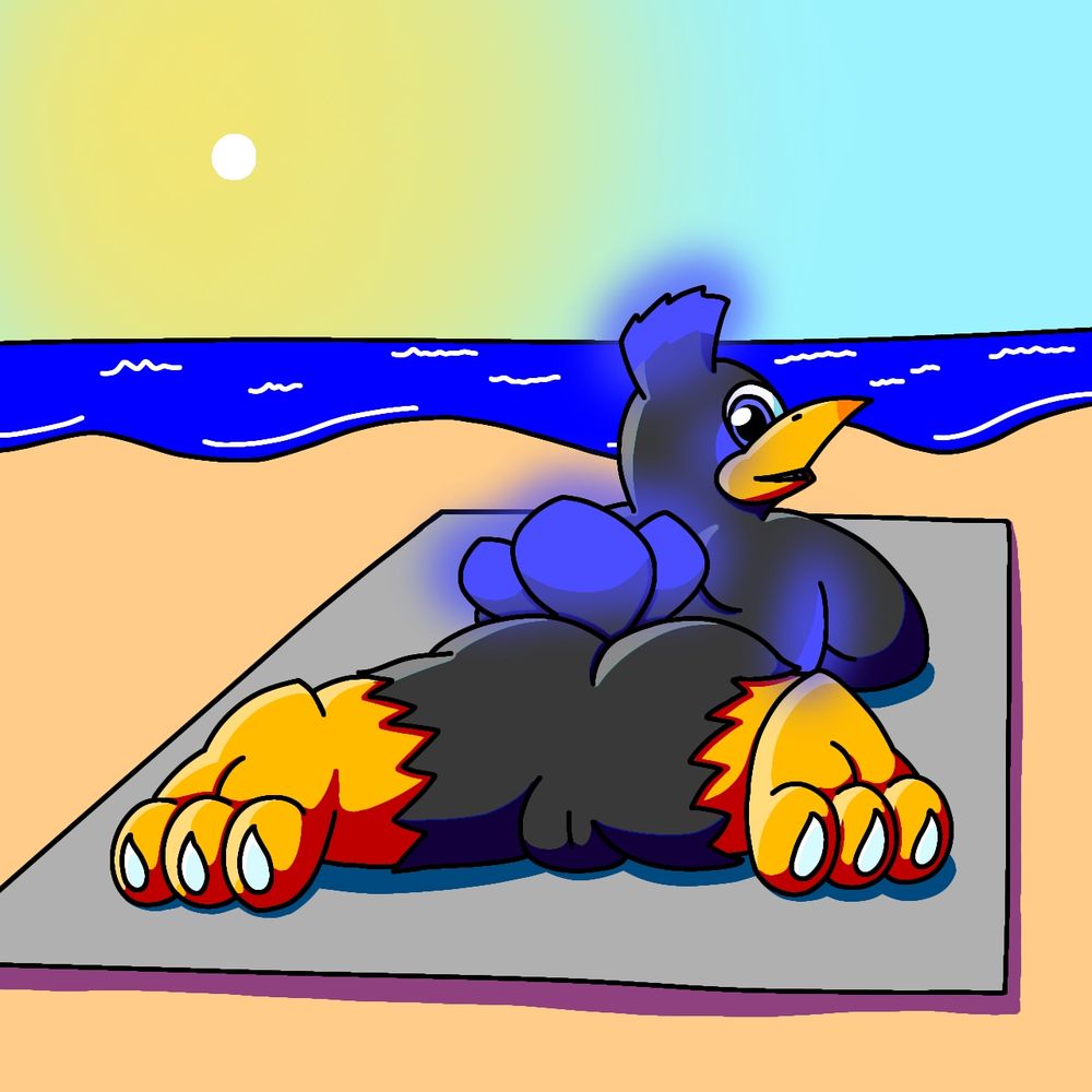 Kugelblitz lying on a gray towel on the beach, looking back over his shoulder at the camera which is focused on his butt and feet