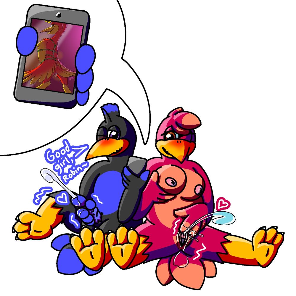 Kugelblitz the black crested breegull and @natbutnaughty.bsky.social's Robin the pink crested breegull sitting together in their anthropomorphic forms, both orgasming to @bananameatier.bsky.social's art of Kazooie on a phone that Kugelblitz is holding. Kugelblitz is saying "Good girl, Robin~"