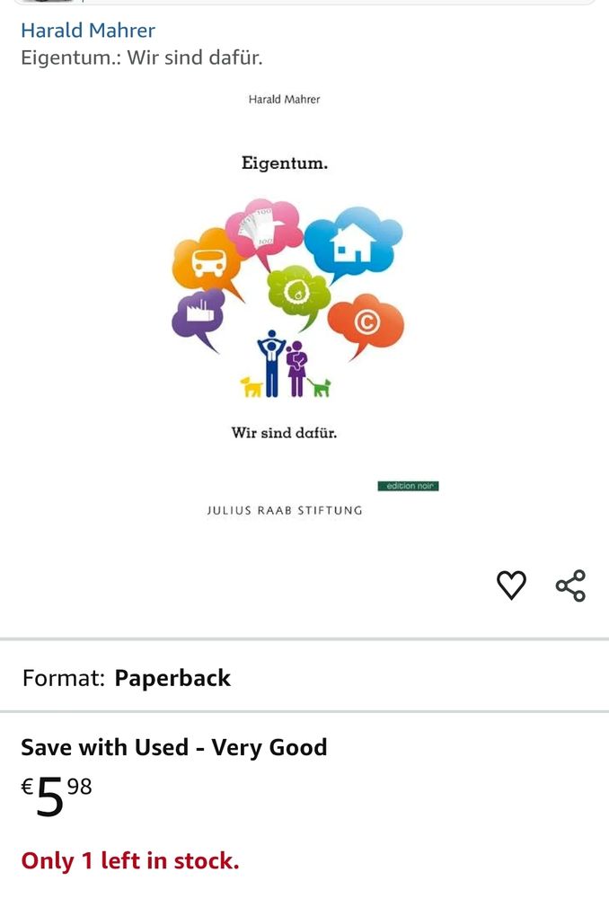 Screenshot von Amazon für ein Buch von Harald Mahrer mit dem Titel "Eigentum: wir sind dafür"