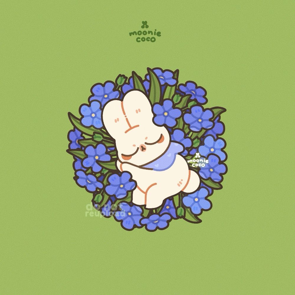 A bunny sleeping on a round bed of forget me nots, drawing by mooniecoco