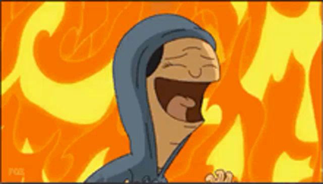 a cartoon character wearing a blue hoodie is laughing