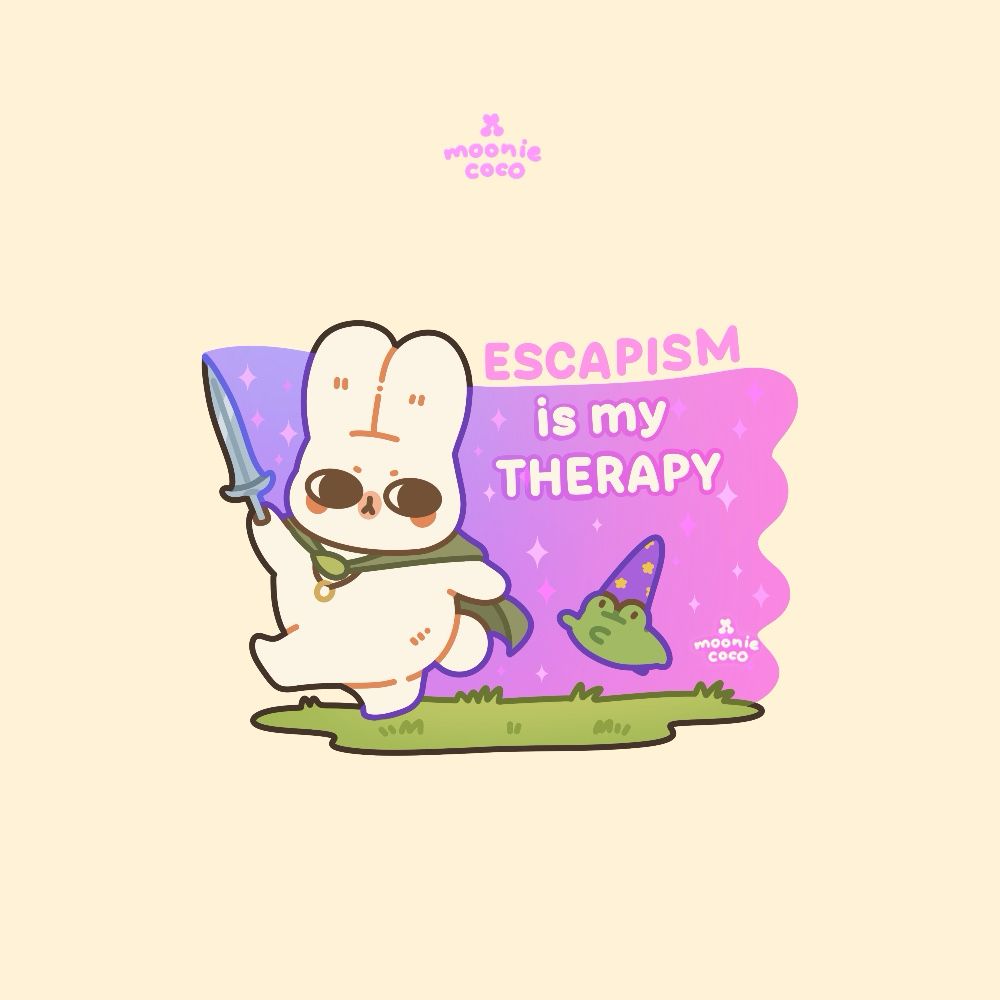 Drawing of mooniecoco with a bunny wearing a green cape like Frodo holding a small blade, the blade is drawing a magical veil with pink and purple colors and sparkles, the bunny is walking on grass with a little frog wearing a wizard hat hopping along. Texts say: Escapism is my therapy