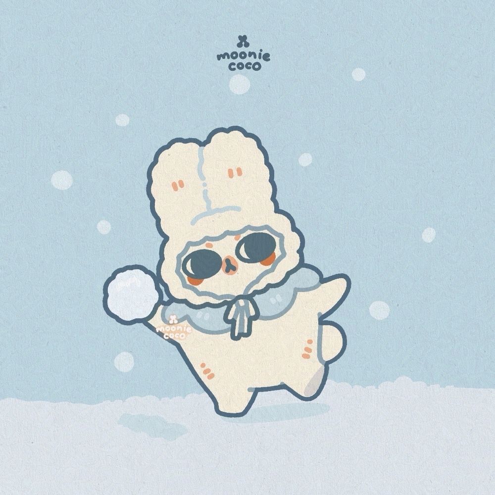 Drawing of a bunny wearing fluffy bunny hat ready to throw a snowball in the snow