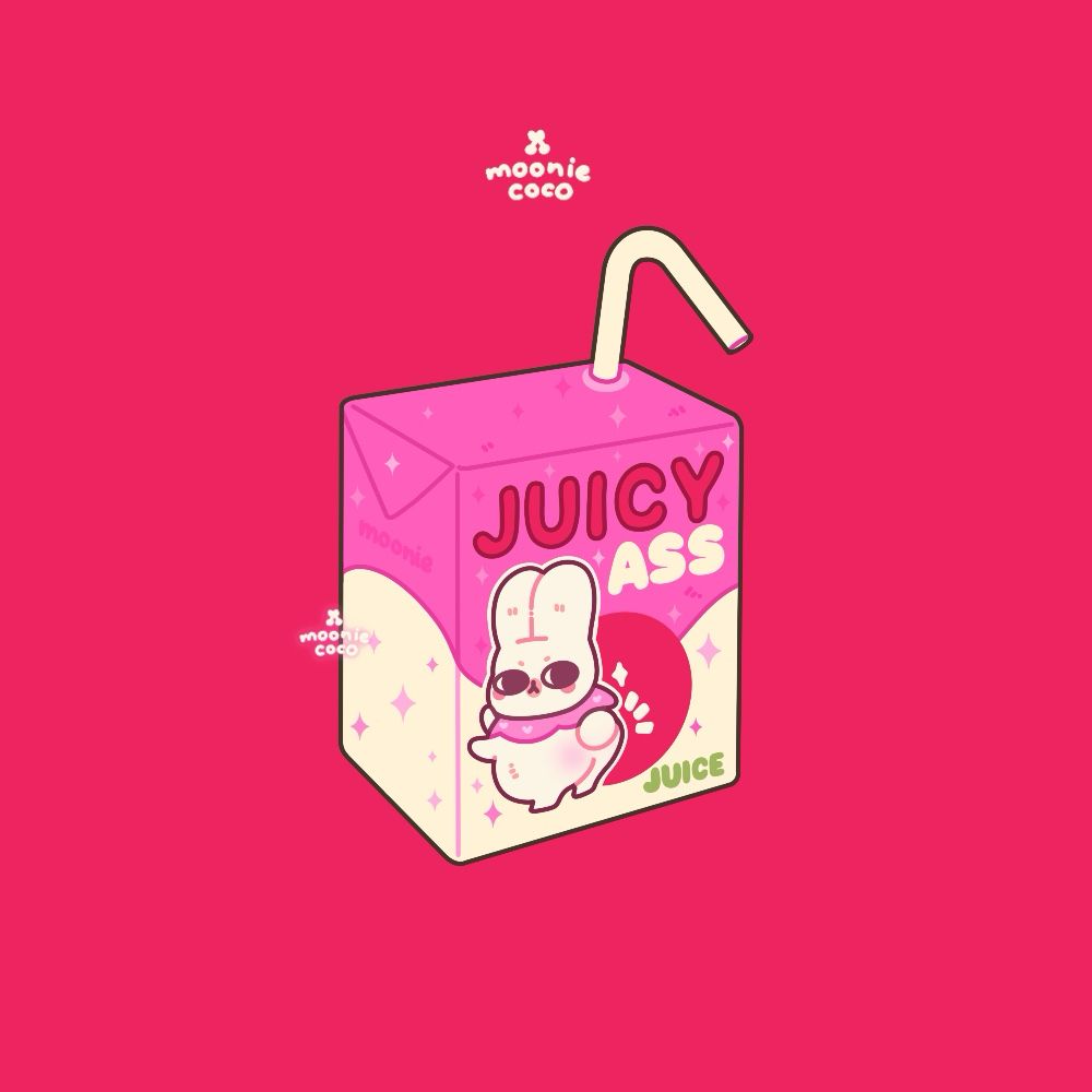 Drawing from mooniecoco of a pink juice box in a red field, on the package there is a bunny showing his behind, texts on the juice box say: juicy ass