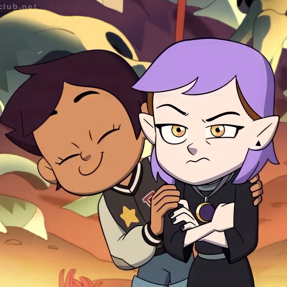 luz e amity do desenho a casa é coruja 
Uma menina morena latina 
E uma bruxa branca de cabelo roxo abraçadas