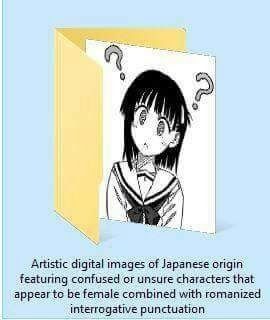A windows folder with an image of an anime girl with ? Signs in her head. The folder name is "artistic digital images of Japanese origin featuring confused or unsure characters that appear to be female combined with romanizsd interrogative punctuation"