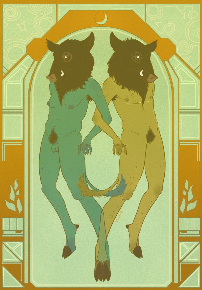 two naked trans bodies standing facing away from each other with their arms intertwined by the elbows. instead of human heads and feet, they have almost identical boar heads and hooves. colors are muted oranges, blues and greens