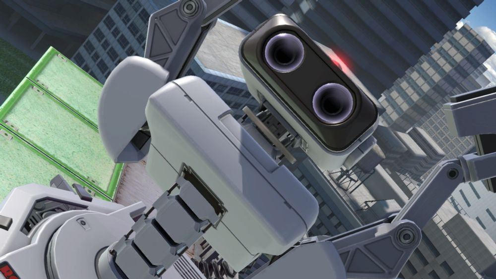 R.O.B. looking into the camera as he flies.