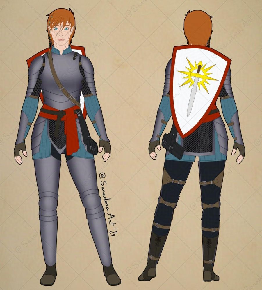 A woman with short red hair, plate armor and a shield 