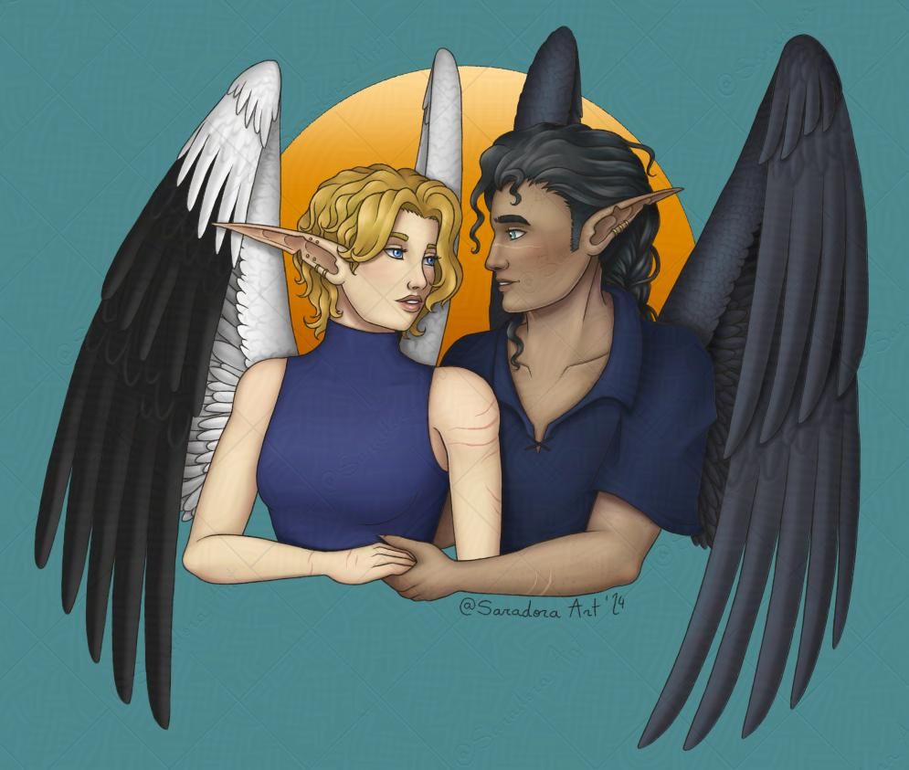 Portrait of a blonde woman with fair skin and black-and-white wings, and a dark haired man with olive skin and grey wings. They stare lovingly at each other and hold each other's hand in a pose inspired by Anthony and Kate from the Bridgerton series.