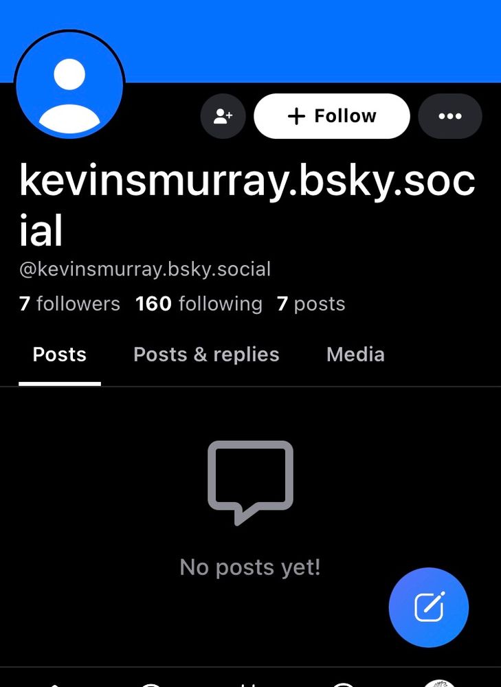 A picture of user kevinsmurray.bsky.social’s home page, which is blank, with no pfp of posts on his feed, but with seven posts listed, meaning they are all replies.