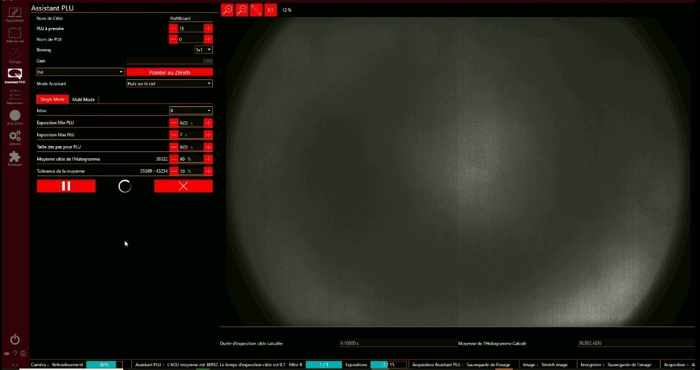Interface du logiciel NINA avec une image avec un fort vignetage et des boutons sur la gauche