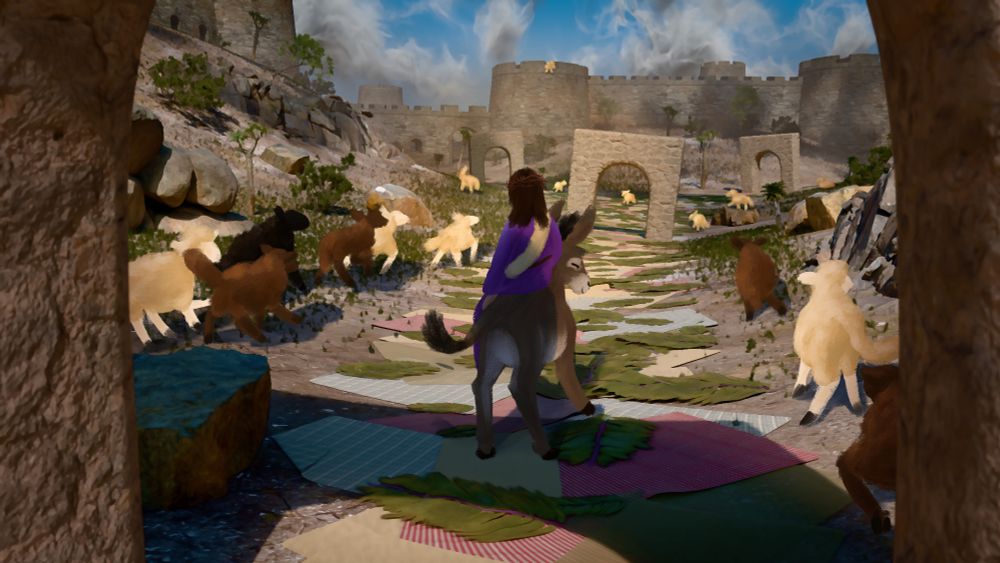 The Son of God rides a donkey colt into Jerusalem, sheep flocking around him. There are palm branches and linens laid on the path before him. The environment is 3D rendered and post-processed, with the characters painted on digitally.