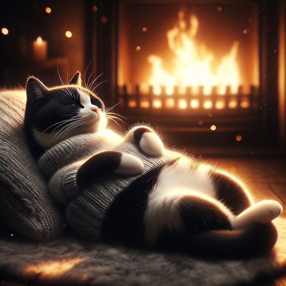 This image depicts a contented black and white tuxedo cat named IgglePiggle, lying on her back with her belly exposed, in front of a glowing, warm fireplace. The cat's eyes are gently closed, and her expression is one of complete relaxation and bliss. The soft lighting from the fire creates a cozy atmosphere, emphasizing the peacefulness of the scene.