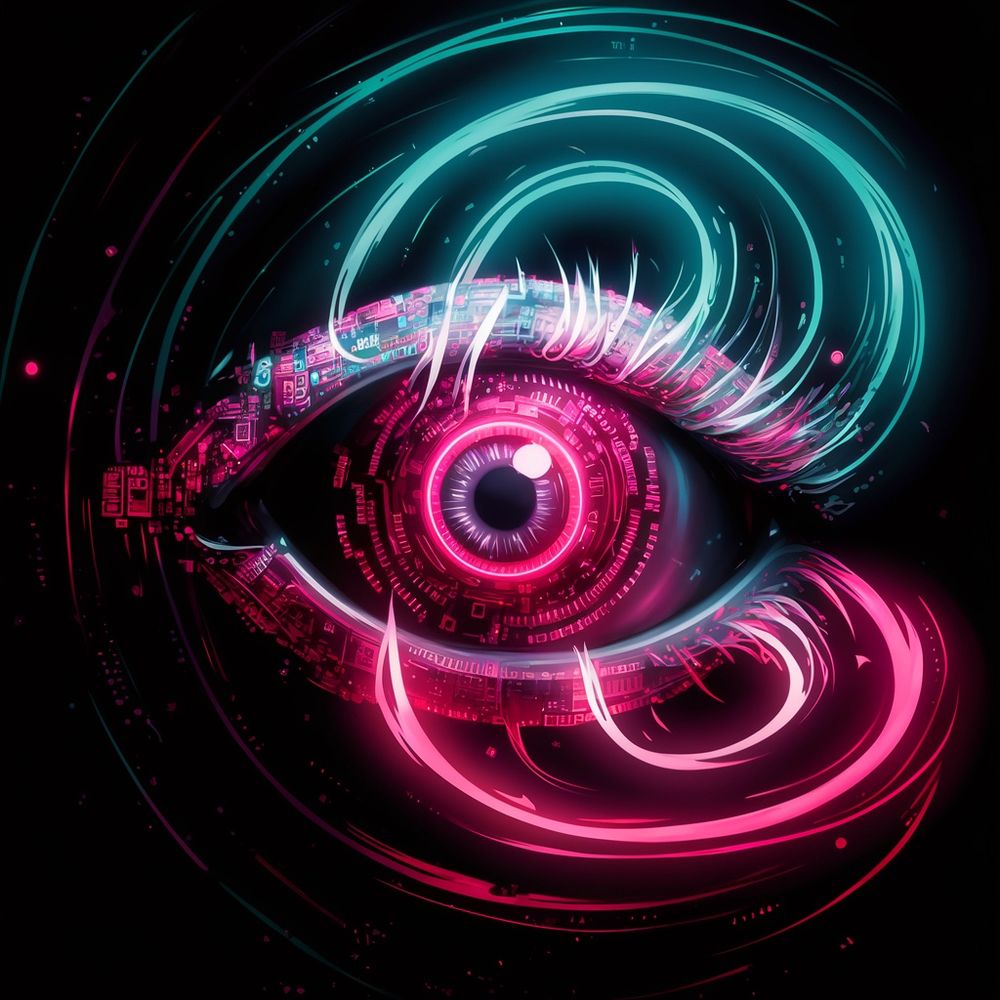 The image features a stylized eye with a futuristic design. The iris is depicted as a circuit board with glowing lines and nodes, giving it a high-tech appearance. Surrounding the eye are vibrant, swirling colors in shades of pink and teal, creating a dynamic and energetic effect. Below the eye, the text reads "THE BLIND AI BLOG" in bold, white letters. The overall theme suggests a blend of technology and vision.