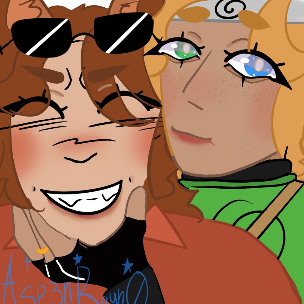 On the left is female Rendog with her eyes close and mouth open showing her teeth, and smudged lipstick on her lips
On the left is Martyn In The Little Wood with smudged lipstick on her lips, green and blue eyes, black turtleneck and blue sweater 