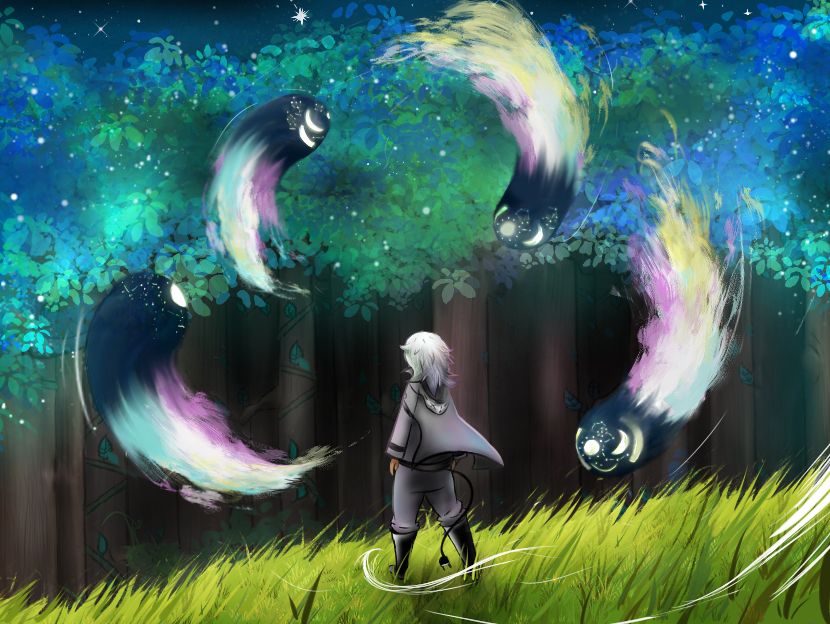 Desenho de uma pessoa de costas frente a quatro fantasmas coloridos, cada um deles tem a cor ciano, magenta, amarelo e branca. Tem rostos azuis com simbolos amarelos. Todos situados em um bosque azul-esverdeado.