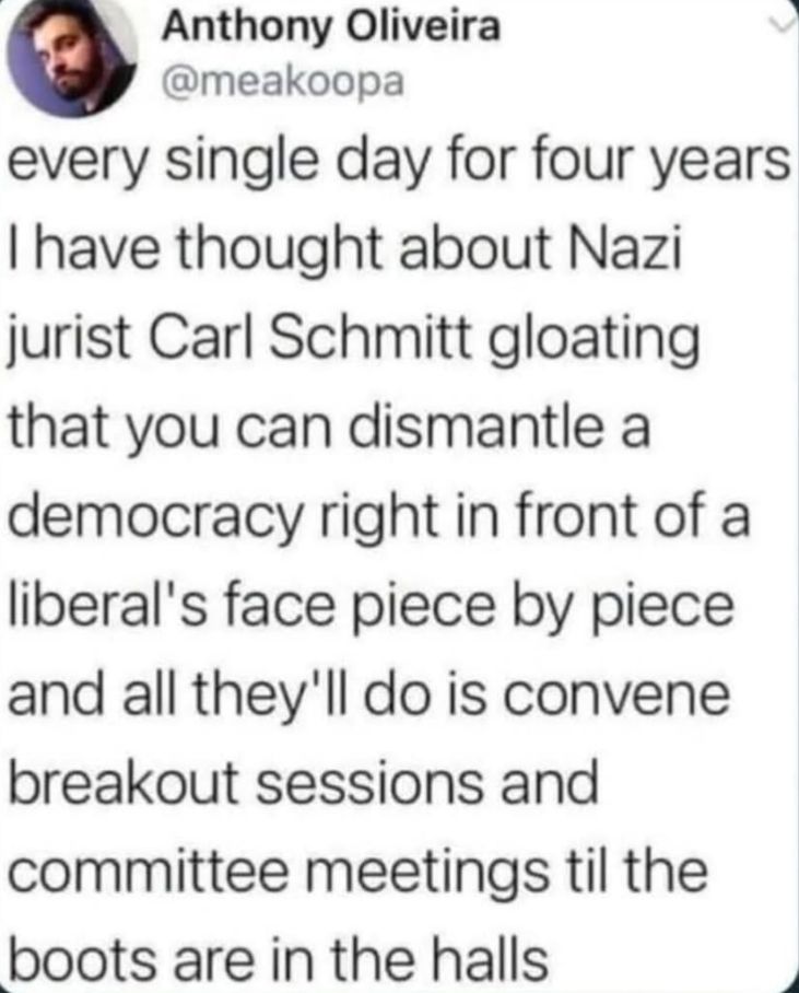 every single day for four years, I have thought about Nazi jurist Carl Schmitt gloating that you can dismantle a democracy right in front of a liberal's face piece by piece and all they'll do in convene breakout sessions and committee meetings til the boots are in the halls