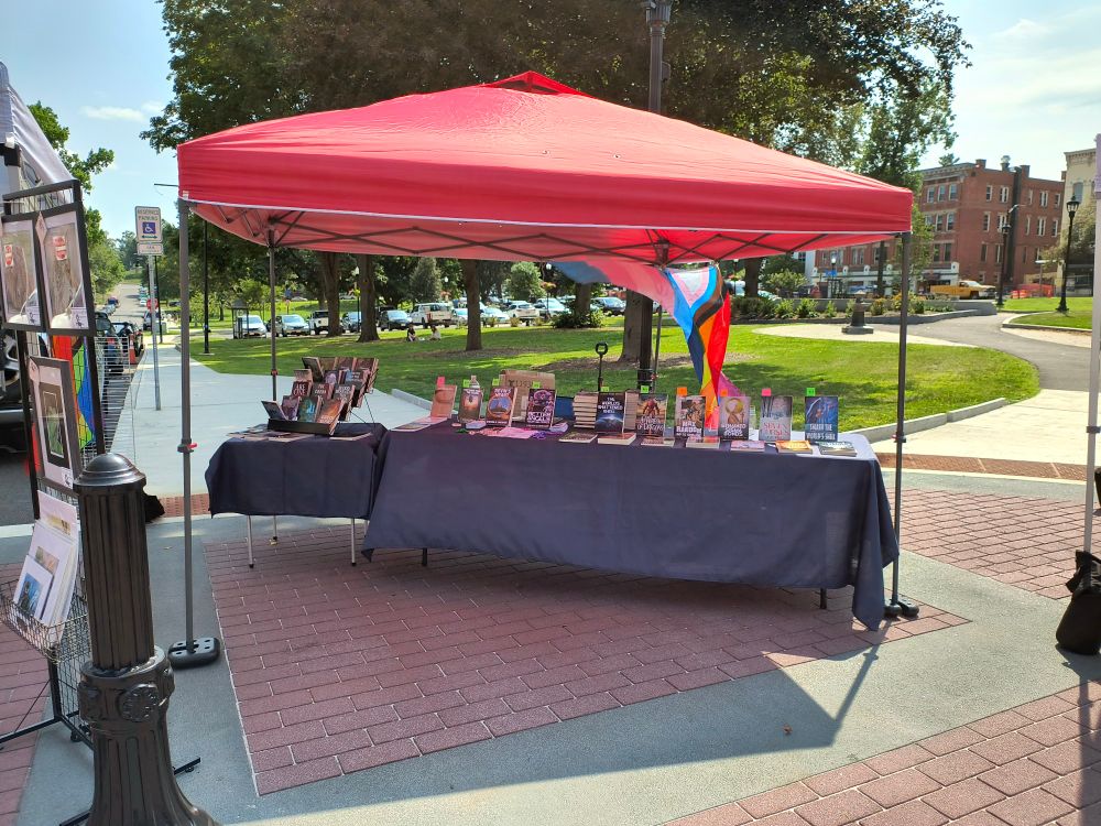 a vendo tent selling books in an odd corner