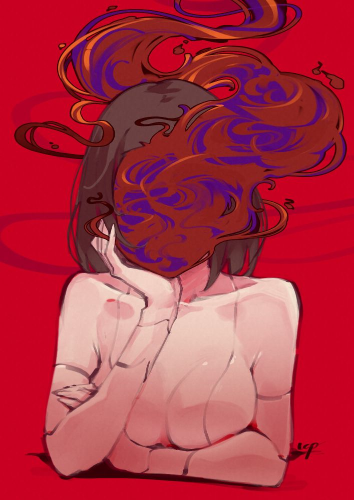 a smoky lady with literal red and purple smoke for a face, leaning forward while resting her head in her palm and her other arm crossed in front of her