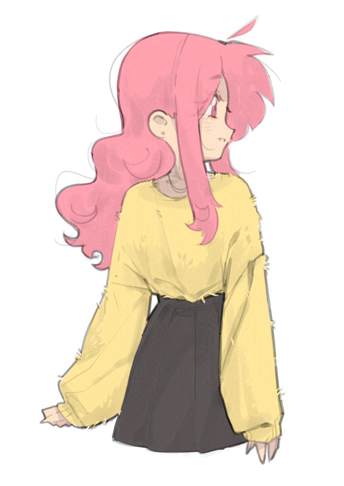 sketch of my oc, momo. she's looking happily off to the right while the rest of her body is forward facing, as if called out to by someone or noticing something off-canvas. she's wearing a fuzzy yellow sweater and a high-waisted black skirt, in true comfy fashion.