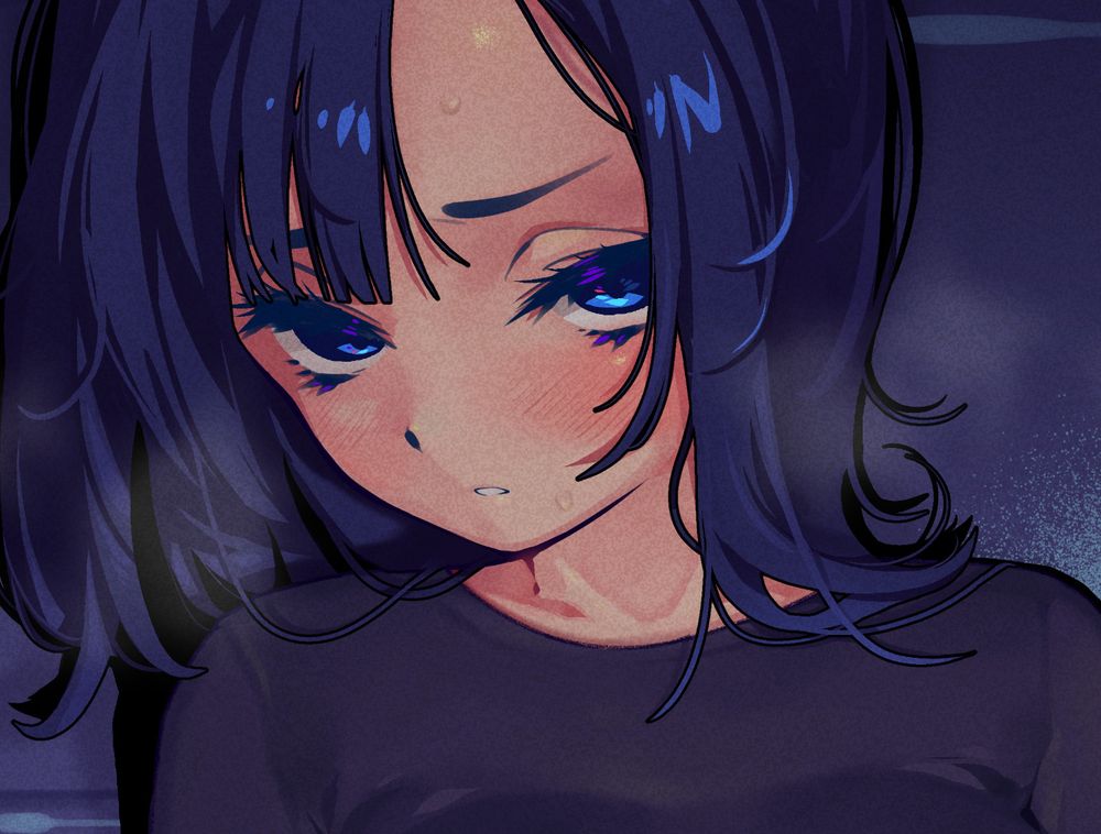 girl with dark hair leaning against a tile wall and looking directly at the viewer. there are steam clouds framing her flushed face... (vgen commission)