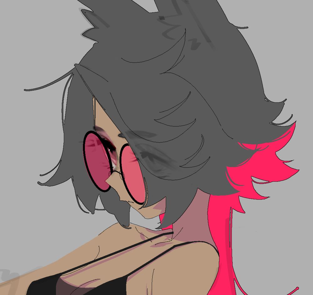 more progress on the previous sketch, this time updated with flat colors (black hair, tanned skin, rose-tinted round glasses) and thin pixelated line art of sorts