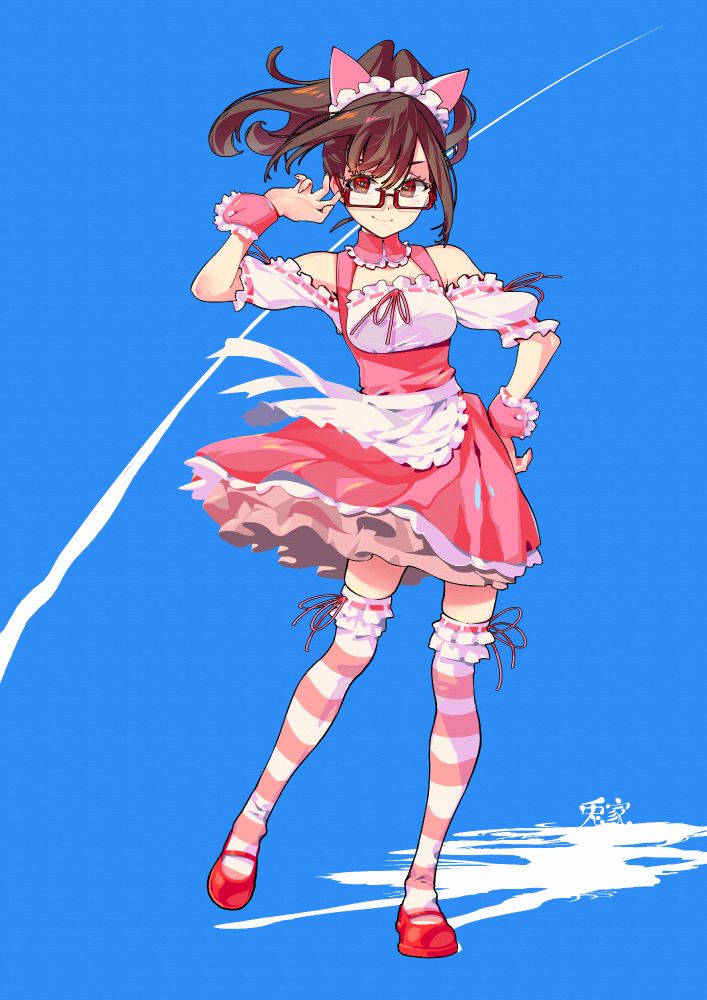akiho senomiya from robotics;notes, posing in her pink maid uniform with one hand holding up her red glasses