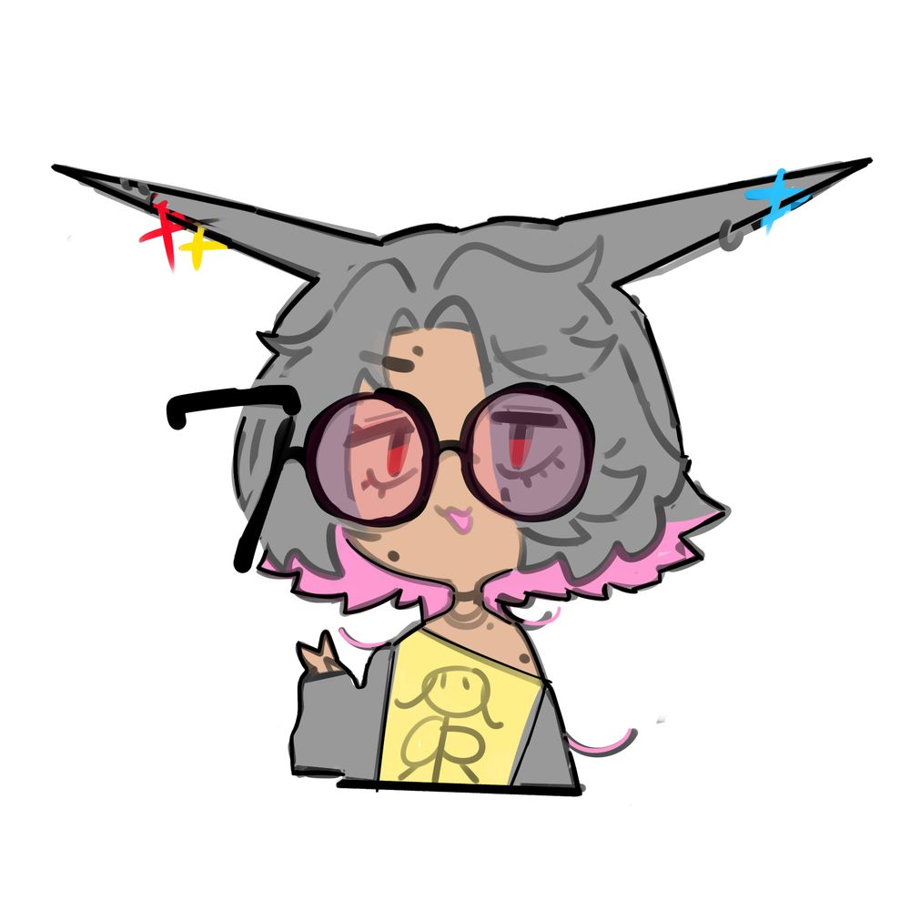 chibi holland lophouse wearing her usual glasses except with stylized frames in the shape of the number 700. she is holding up one hand in a peace sign and she's wearing a yellow t-shirt with crudely drawn anime titties on it. the hair highlight color of the day is light pink