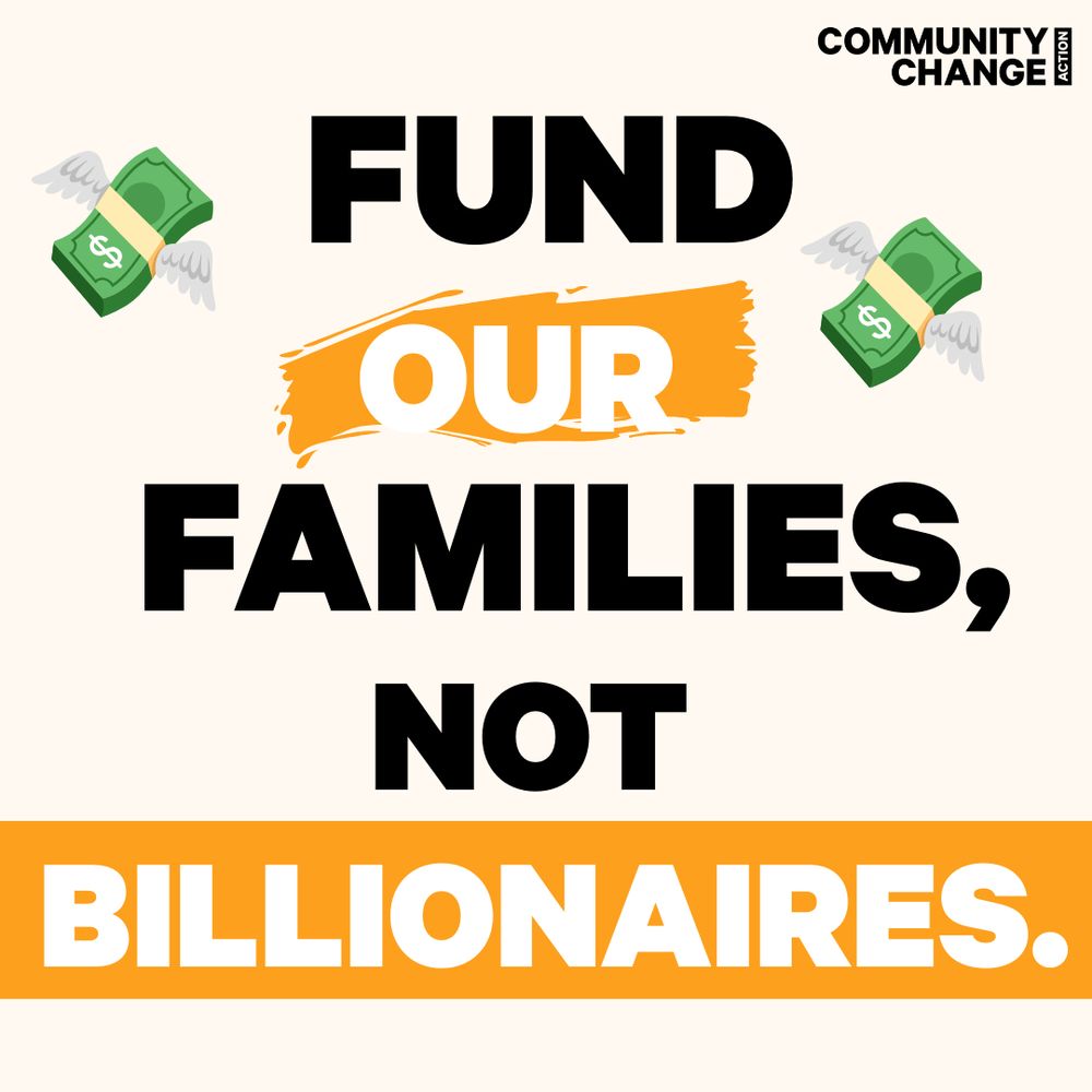 Text: Fund our Families, Not Billionaires
with flying money emojis