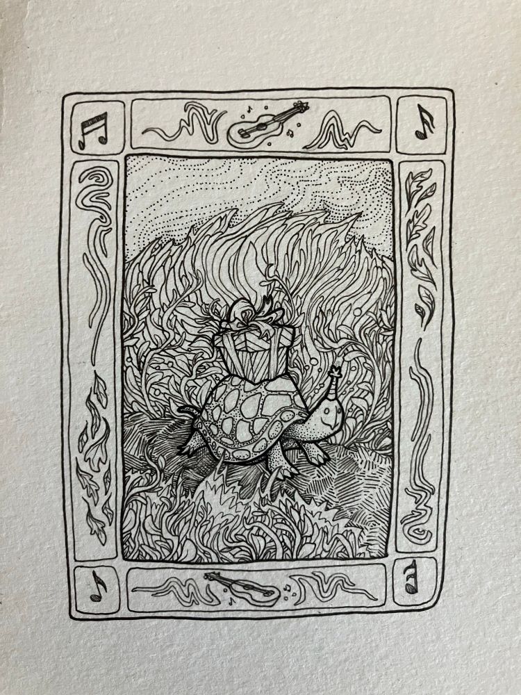 A black and white pen and ink illustration of a turtle with a birthday present on its back and a small party hat on with a boarder of musical notes, ukulele’s, squiggles, and leaves